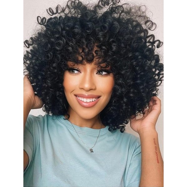 Mathilta Curly Afro Wigs for Black Women Short Curly Wig with Bangs Kinky Curls Curly Hair Synthetic Wigs for African American Women (Black)
