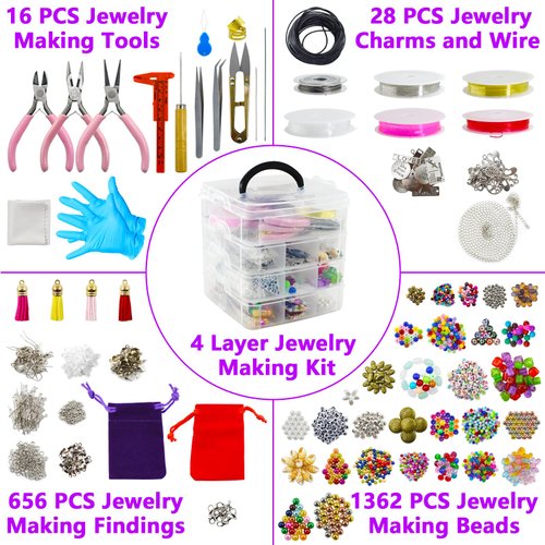 4 Layer Jewelry Making Supplies Kit with Jewelry Making Tools, Jewelry Charms and Wire, Findings and Assorted Beads for DIY Bracelet, Necklace, Earrings Making or Repairing