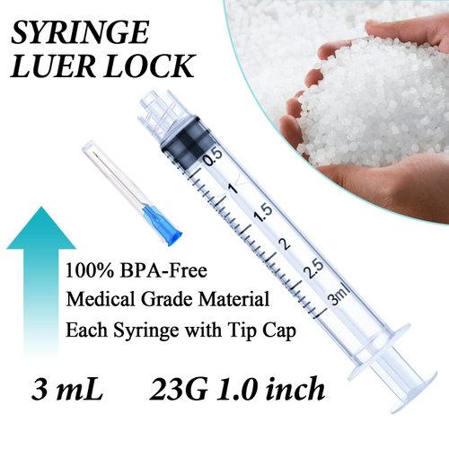 50 Pack 3ml Disposable Syringe with Needle 23Ga 1.0 Inch, Luer Lock Syringes, Individual Sterilized Wrapped