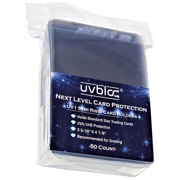 UVBLOC Semi Rigid Card Holder Sleeves (50 Pack) PSA Grading Saver Storage Protector Cases for Trading Baseball Basketball Football Pokemon Sports Cards