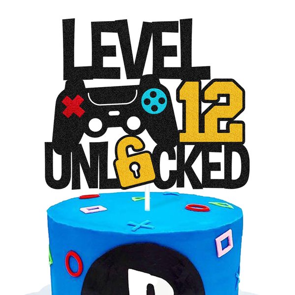 Level 12th Unlocked Cake Topper Game Controller 12s Cake Decoration Happy 12 Birthday Cake Decor Video Play Game Movie Theme Men Women Teenager Bday Party Event Celebration Supplies