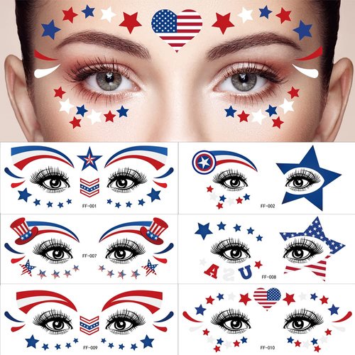 4th of July Temporary Tattoos Stickers Flag Tattoos Decals for Face Eye Makeup Sticekr Decals for Women Men 10 Sheets Patriotic Body Decals for Independence Day Party Decoration