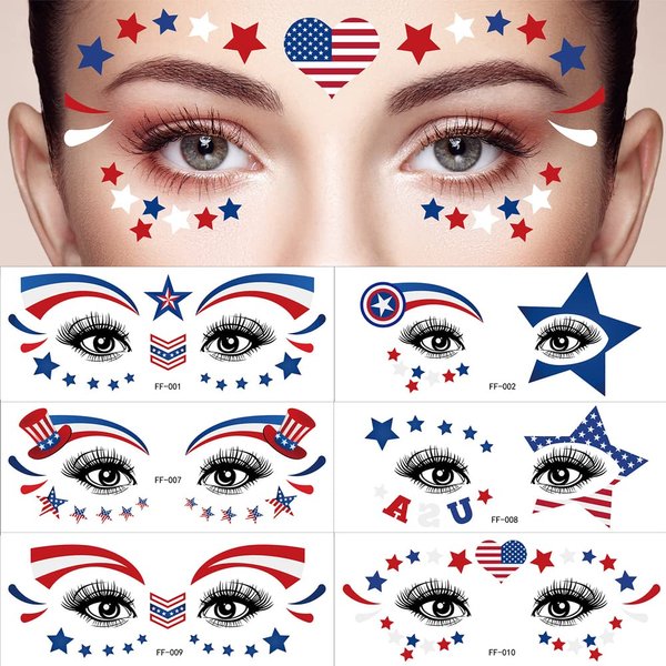 4th of July Temporary Tattoos Stickers Flag Tattoos Decals for Face Eye Makeup Sticekr Decals for Women Men 10 Sheets Patriotic Body Decals for Independence Day Party Decoration