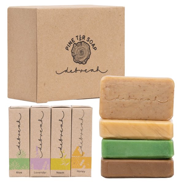 Debreah Bar Soap, mix 4 Pack, Benefits of Pine Tar with fresh and sweet smell, for Men and Women, Handmade, Hot Process, Face And Body Soap. Aloe, Lavender, Honey and Neem