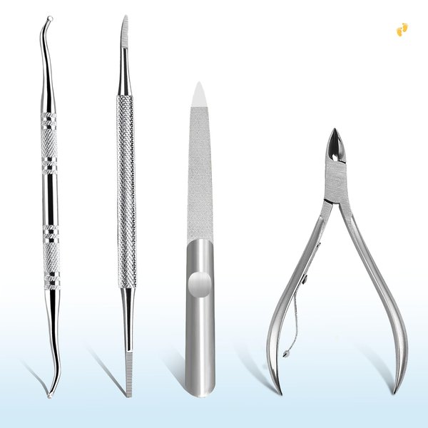 Pixkrot Ingrown Toenail Removal Kit, Ingrown Toenail Treatment Tool,Nail Clippers and Lifter,Thick Toenail Nail Cleaning and Foot Repair Tool,Correction Polish Pain(4 Pack,Stainless Steel)