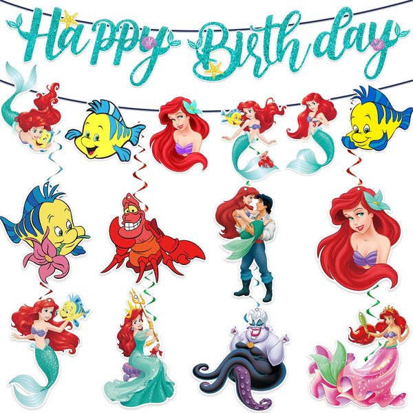 YUNKELIU Little Mermaid Birthday Party Decorations DIY Happy Birthday Banner and Hanging Swirls Ariel Birthday Decorations for Under the Sea Theme Birthday Party