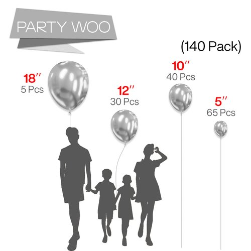 PartyWoo Metallic Silver Balloons, 140 pcs Silver Metallic Balloons Different Sizes Pack of 18 Inch 12 Inch 10 Inch 5 Inch Silver Balloons for Balloon Garland Arch as Party Decorations, Silver-G102
