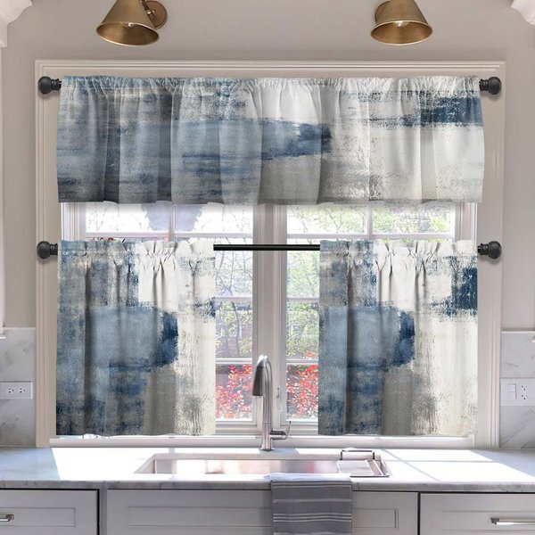 MCALK Blue Blackout Kitchen Curtains Tiers and Valances Set 3 Piece for Windows White and Grey Kitchen Window Curtains Set,Modern Abstract Art Valances for Living Room(36" Tiers Set)