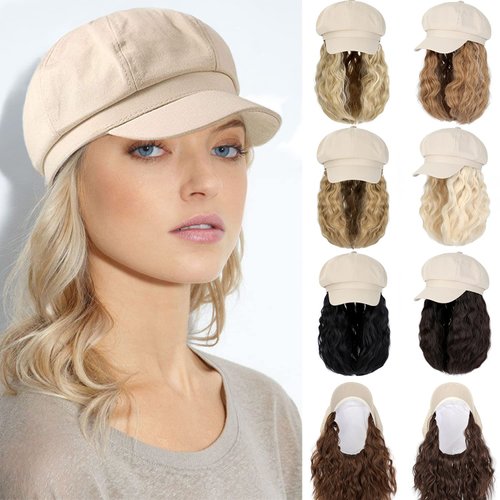 Qlenkay Newsboy Cap with Bob Hair Extensions Khaki Hat Wig 8 Panel Visor Beret Attached Synthetic 14'' Short Curly Wavy Hairpiece for Woman Light Chestnut Brown