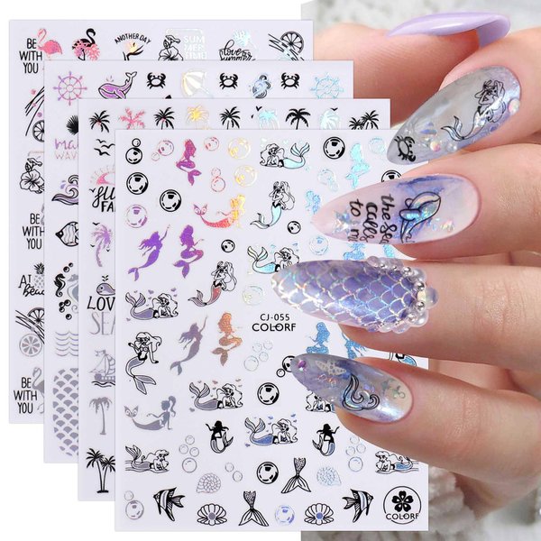 JMEOWIO 9 Sheets Beach Nail Art Stickers Decals Self-Adhesive Pegatinas Uñas Summer Ocean Shark Tropical Nail Supplies Nail Art Design Decoration Accessories