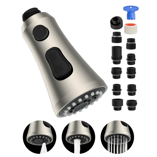 Hygie Rinse Pull Down Faucet Head Replacement with 11 Adapters Compatible with Moen Delta Faucet Head, 3 Function Kitchen Sink Faucet Sprayer Head Fit Most Faucet, Brushed Nickel