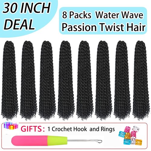 Passion Twist Hair 30 Inch: Water Wave Crochet Hair for Black Women-Long Bohemian Passion Twists Braiding Hair Extensions (8 Packs,1B)