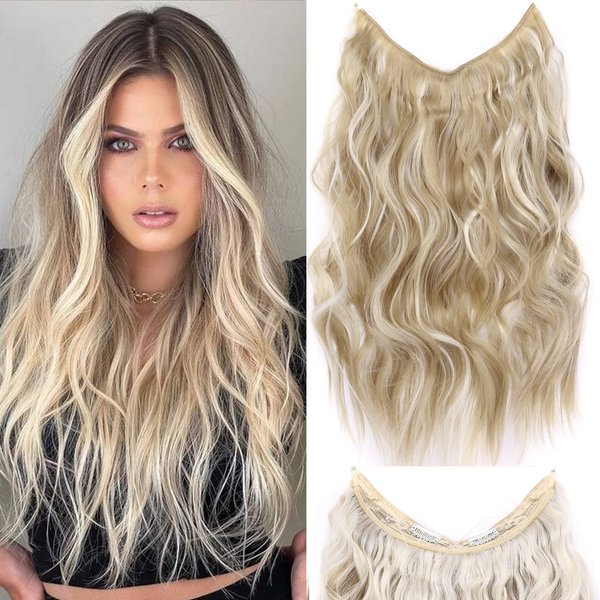 ELIO Halo Hair Extensions - Thick Invisible Wire Hair Extension with Transparent Headband - 5 Types Adjustable Headwidth - Wavy Curly Long 20 Inches Hairpiece for Women Girls - Fish Line Secret Hairpieces with 2 Pcs Removable Secure Clips - 140g (4.9oz) (