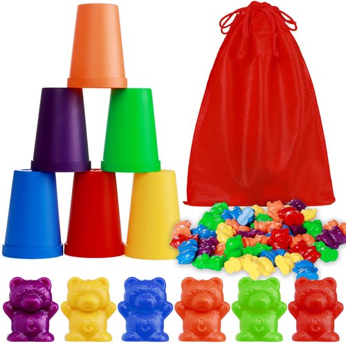 Jeffbaubl 67Pcs Counting Rainbow Bears with Matching Sorting Cups,Educational Sorting Toy for Toddler,Montessori Counting Toy Bears for Kid,Number Color Recognition Learning Toys for Boys Girls