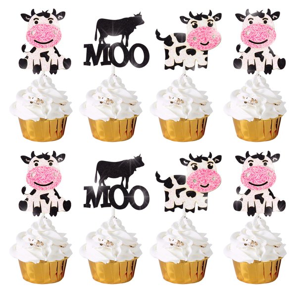 24pcs Milk Cow Party Happy Birthday Glitter Cupcake Toppers,Farm Animal Theme Party Decoration,Kids Birthday Baby Shower Favor Supplies