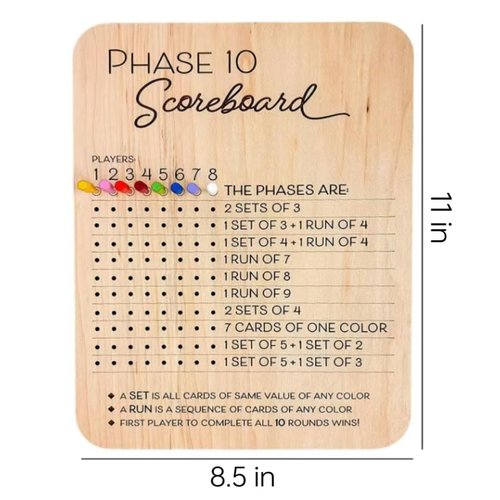 Phase 10 Score Board, 2025 New Wooden Phase 10 Scoreboard and Round Tracker with 8 Colored Pegs, Classic Family Adults Board Card Games (1 Pcs)