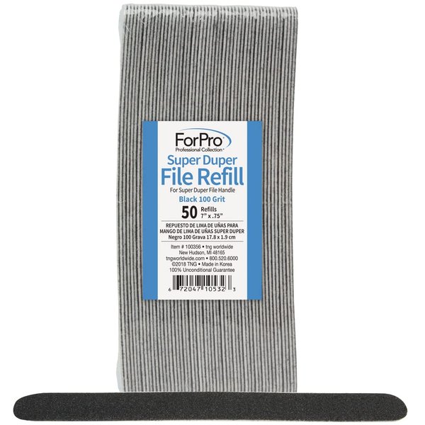 ForPro Professional Collection Super Duper File System Refills, Black, 100 Grit, Manicure Nail File, 7” L x .75“ W, 50-Count