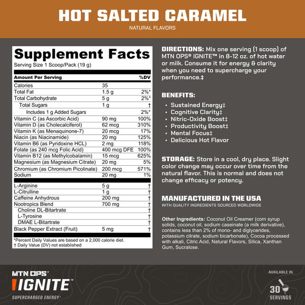 MTN OPS Hot Ignite Supercharged Energy Drink Mix Coffee Alternative, 30-Serving Bag, Salted Caramel