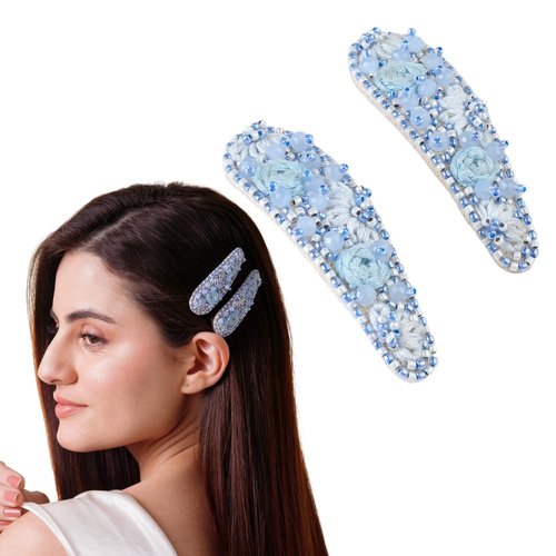 Radhu & Kabby Hand Embroidered Floral Tic-Tac Pin | Hair Clips for Women & Girls | Bead Work | 1 Pair | Perfect Hair Accessories for Casual & Special Occasions | Handmade & Unique