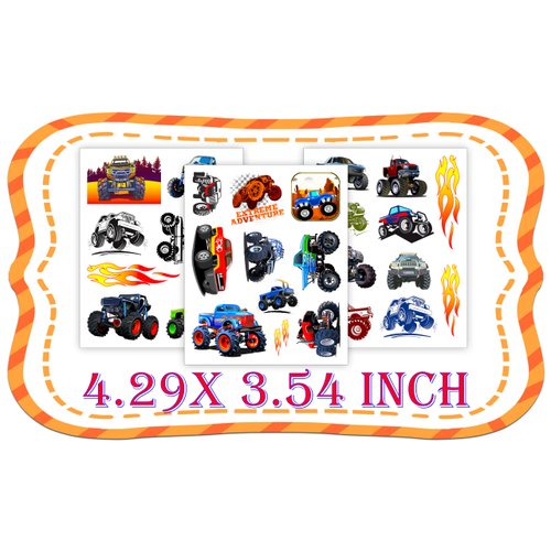 CupaPlay 224 Monster Truck Tattoos Temporary Stickers Party Favors Monster Car Sticker Racing Sticker Party Decorations Birthday Baby Shower Party Supplies Tattoos