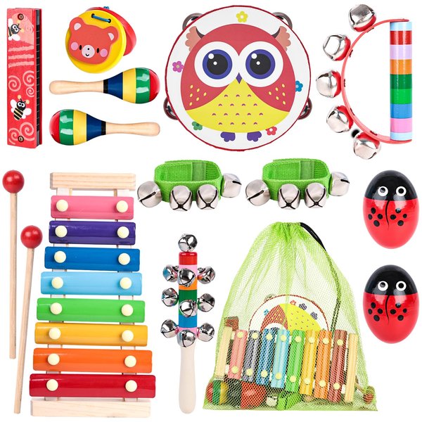 POPLAY 12PCS Toddler Musical Instruments, Wooden Percussion Instruments Toys for Toddlers Musical Toys Set with Mesh Bag Tambourine Xylophone for Baby Kids Preschool Education