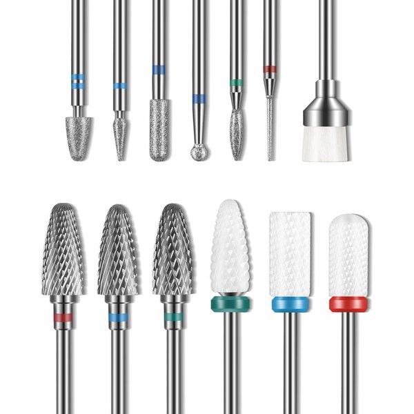 Depvko 13PC Nail Drill Bits Set, Drill Bits for Nails, 3pcs Tungsten Carbide Drill Bits+ 3pcs Ceramic Efile Nail Drill Bits+ 6pcs Diamond Drill Bits+ 1pcs Brush, 3/32 inch Nail Bits for Nail Drill