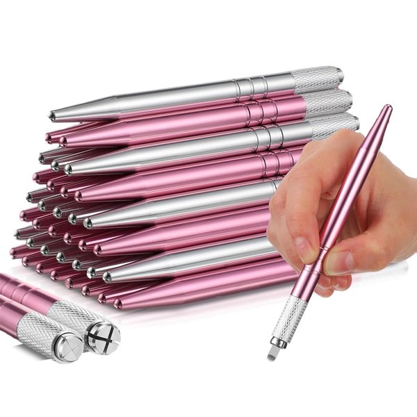 Microblading Pens 20 Pieces-Manual Eyebrow Pens Microblade Pen Microblading Tool Aluminum Pen With Lock-Pin Tech for Permanent Makeup (Silver, Pink)