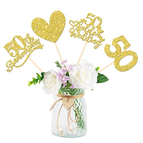 12 PCS 50th Anniversary Centerpiece Sticks Double Sided Gold Glitter Heart 50 Golden Wedding Anniversary Table Flower Centerpieces for Cheers to 50 Years Blessed & Loved Wedding Party Supplies