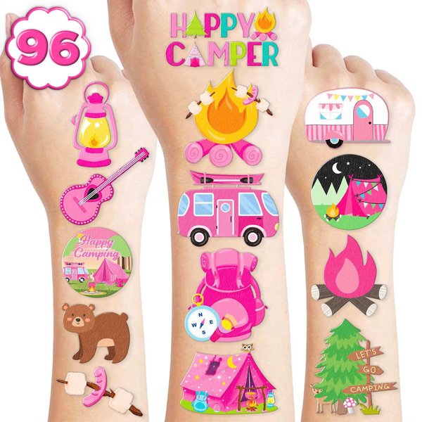 Generic 96PCS Pink Camp Temporary Tattoos Camping Themed Birthday Party Glamping Party Decorations Supplies Favors Decor for Kids Outdoor School Classroom Prizes