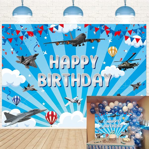 Airplane Birthday Backdrop Airplane Happy Birthday Decorations Background for Kids Time Flies Theme Flying Enthusiast Birthday Party Banner Photography Supplies (7x5FT)