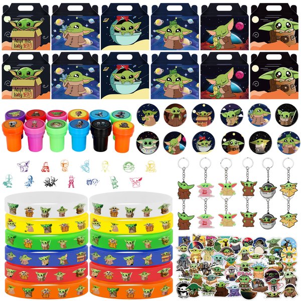 Qbjetkap Kids Birthday Party Supplies Kids Birthday Party Favors for Birthday Party Decorations Include 12Pcs Gift Boxes, 14Pcs Stampers, 12Pcs Keychains, 12Pcs Button Pins, 50Pcs Stickers