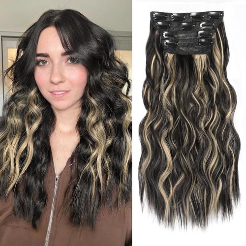 ALXNAN Clip in Hair Extensions for Women, Black Mix Blonde Long Wavy Hair Extensions Clip Ins 4PCS 16 Inch Synthetic Soft and Natural Thick Hair Pieces for Women