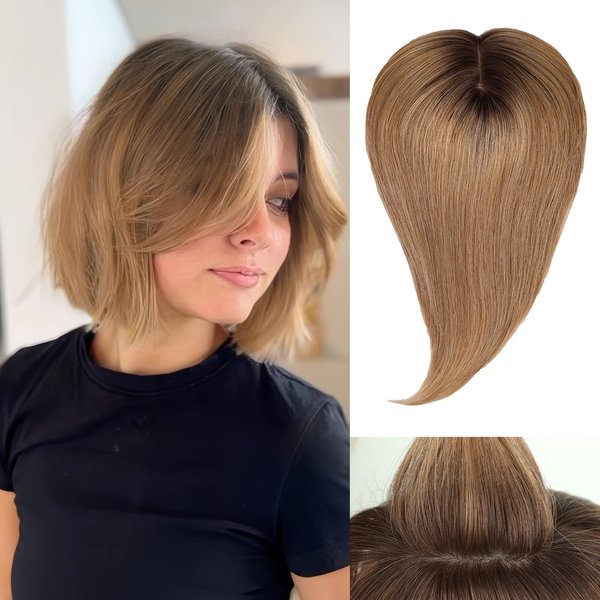starluck 100% Remy Human Hair With Bangs Hair Toppers For Women, Top Hairpieces 150% Density Silk Base Clip In Topper For Slight Hair Loss/Thinning Hair/Gray Hair 14 inch 50g - Ombre Ash Blonde
