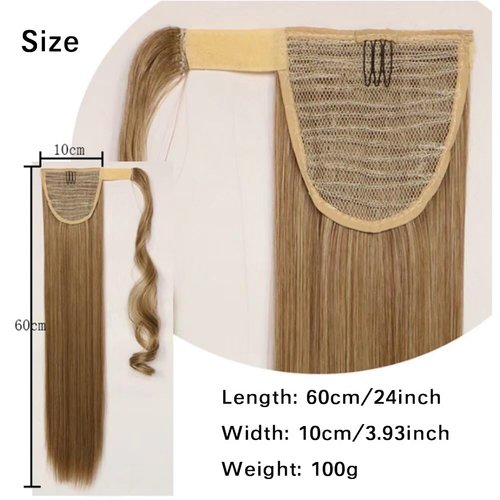 iLUU Auburn Brown Straight Ponytail Long Wrap Around Clip in Hair Extension 24 Inch Heat Resistent Friendly Fiber Synthetic Magic Paste Ponytail 100g Pony Tail Hair Extensions for Women