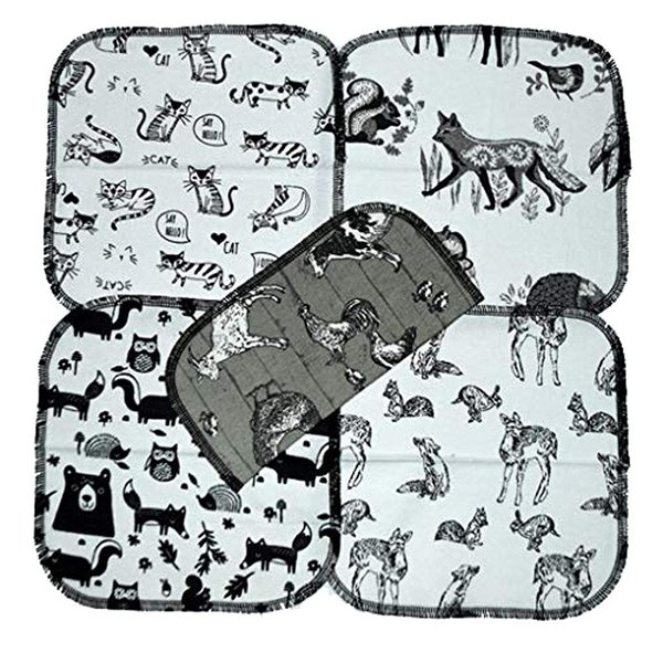 Gina's Soft Cloth Shop 1 Ply Printed Flannel 8x8 Inches Little Wipes Set of 5 Black and White Animals
