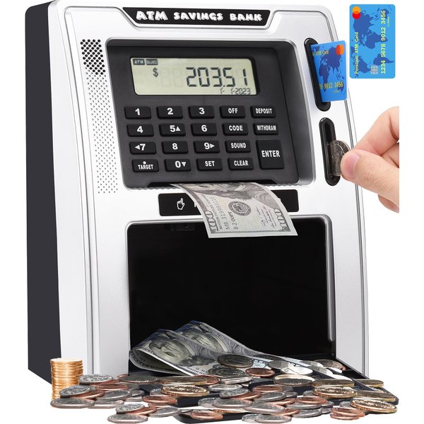 2024 Upgraded Talking ATM Piggy Bank with Power-Off Memory, Auto-Opening Drawer, Dual Debit Cards for Kids for Real Money, Onekey Shutdown, Bill Feeder, Coin Recognition, Balance Calculator Machine