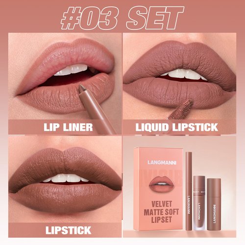 LANGMANNI 3 in 1 Matte Velvet Lipstick Set-Lip Liner,Lip Gloss and Lipstick Combo,Perfect for Natural Lip Contour,Waterproof And Longlasting Effect Lip Makeup,Unique Festival Gift (#03, Pack of 1)