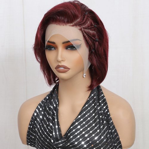 99J Red Pixie Cut Wig Human Hair Straight Lace Front Wigs Human Hair 13X4 Brazilian Pre Plucked Braided Wigs Human Hair Pixie Cut Wigs for Black Women Dark Red Burgundy Glueless Wigs 8 Inches