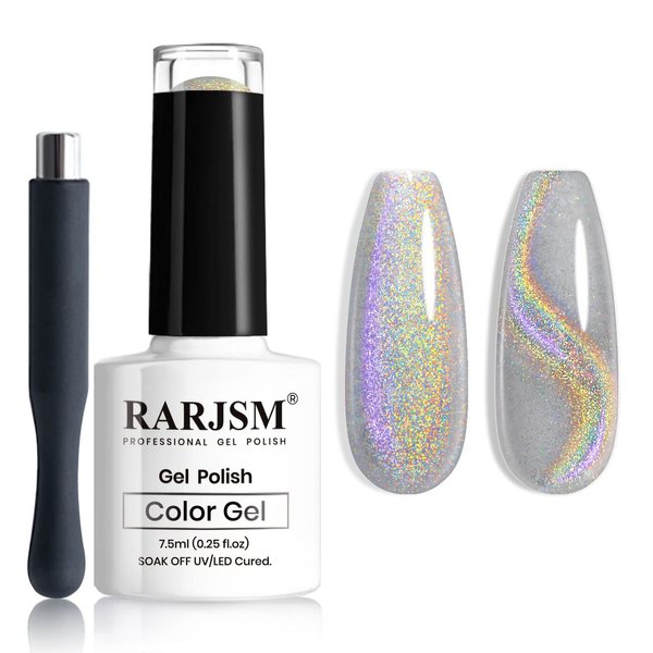 RARJSM Cat Eye Gel Nail Polish, Gel Polish Galaxy Rainbow Effect Universal Silver Holographic Glitter Gel with Magnet Soak Off UV LED DIY Manicure Art for Salon Designs and Home DIY 7.5ML/0.26fl oz