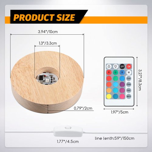 3.94 Inch Wooden Light Stand Base Colorful LED Lights Display Base with Remote Control for Selenite Tower 3D Laser Crystal Glass Resin Art (2 Pieces)