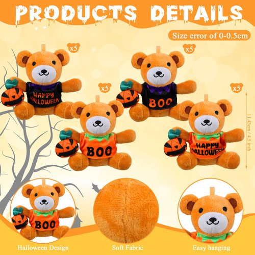 RoundFunny 20 Pcs Halloween Stuffed Animals Bears Bulk 4.5 Inch Mini Plush Bears with Halloween T-Shirt and Jack O Lantern Mini Bear Toys for Kids Halloween Party Favors Trick or Treat Supply