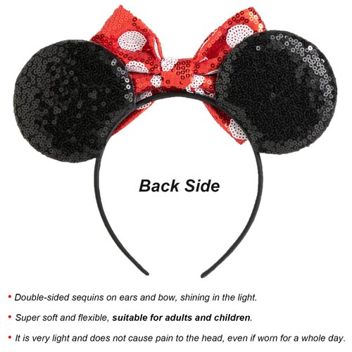 CHuangQi Mouse Ears Headband with Shiny Bow, Double-sided Sequins Glitter Hair Band, for Birthday Party Celebration & Event (XC28)