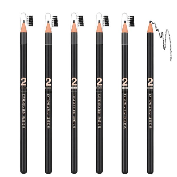 6pcs 2mm Ultra-Thin Eyebrow Pencil with Brush Waterproof Long-Lasting Slim Eyebrow Pencil Peel off Microblading Mapping Pencils (#01 Black)