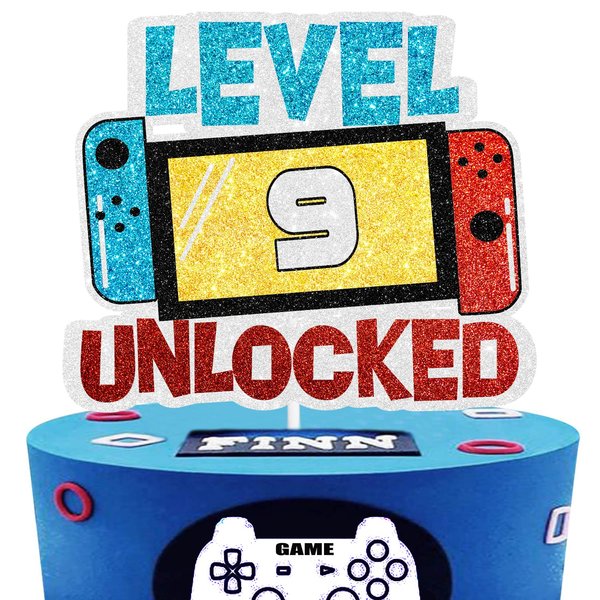 Level 9th Unlocked Cake Topper - Electronic Games Theme Boys Birthday Party Decorations Supplies - 9th Happy Birthday