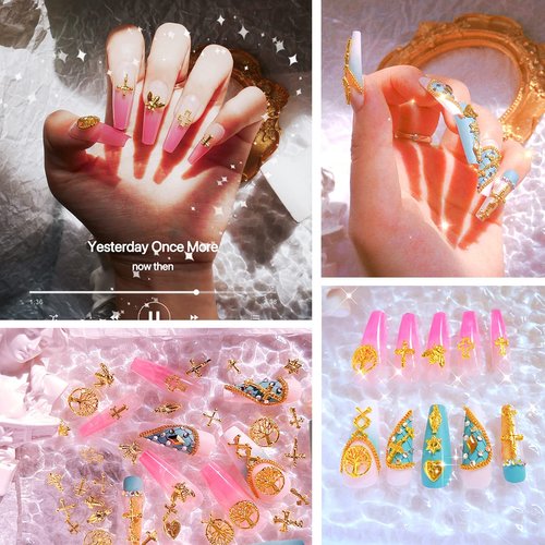 136pcs 3D Nail Charms Rhinestones for Acrylic Nail Art Metal Nail Chains Gold Cross Heart Vintage Alloy Nail Rivet Studs Tip Punk Accessories Decoration Craft DIY