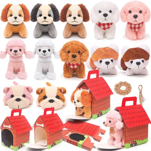 HAPGFS 12 Pcs Mini Plush Puppy Set, Dog Party Favors with Keychain Gift Toys with Carton Dog House, Kids Baby Show Birthday Christmas Party