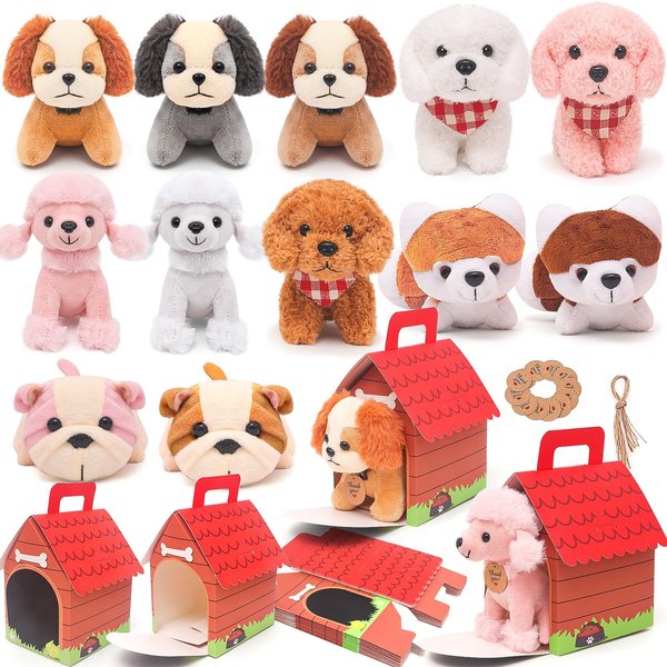 HAPGFS 12 Pcs Mini Plush Puppy Set, Dog Party Favors with Keychain Gift Toys with Carton Dog House, Kids Baby Show Birthday Christmas Party