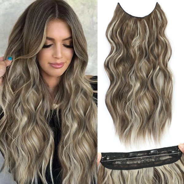 BUPPLER Halo Hair Extensions 20 Inch Invisible Wire Hair Extensions Adjustable Long Wavy Hair Extensions Synthetic Upgrade 4 Secure Clips in Hairpieces 20 Inch,Medium Brown Mix Medium Blond