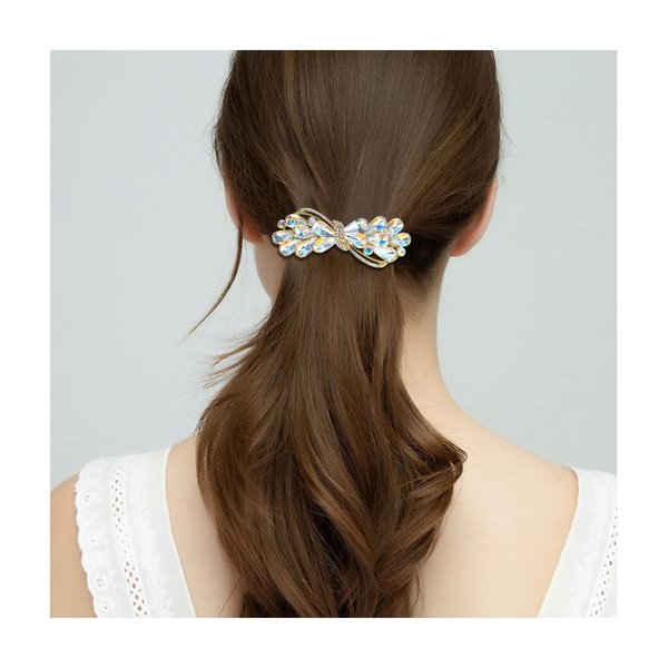 EVER FAITH Wedding Austrian Crystal Hair Barrette Clip, Rhinestone Waterdrop Bowknot Hair Accessories for Women Iridescent Clear AB Gold-Tone