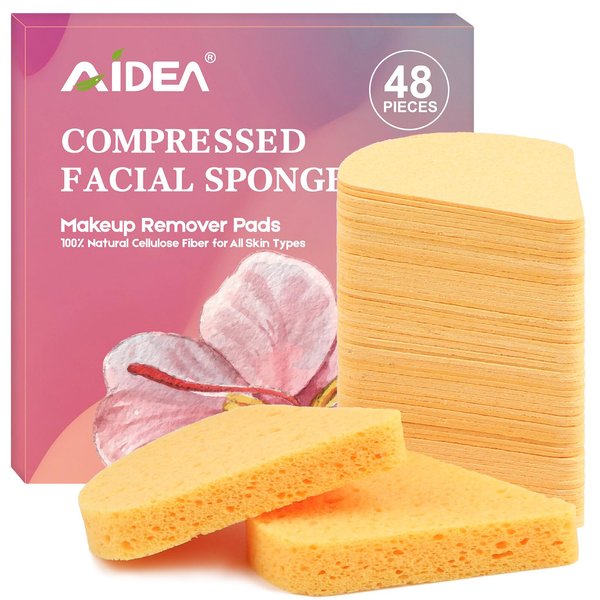 48-Count Compressed Facial Sponges, Disposable Face Sponges, AIDEA Reusable Makeup Remover Pads,100% Natural Cellulose Cosmetic Sponges for Facial Cleansing, Exfoliating, Mask Removal, Turmeric Pads